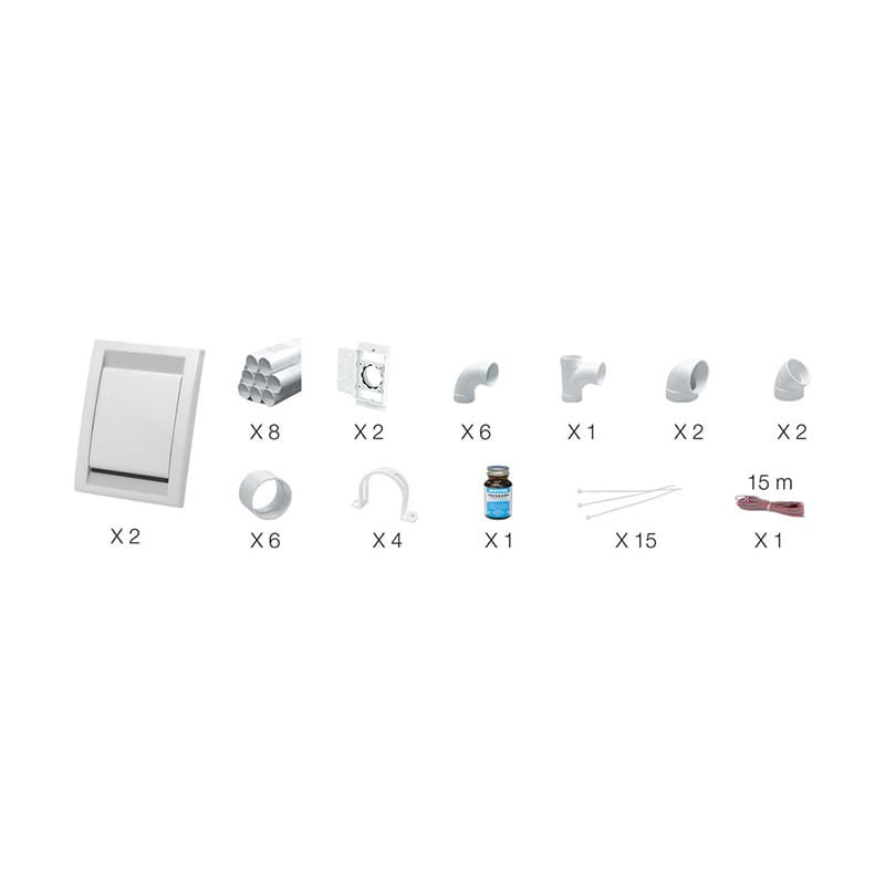Installation kit – 2 white wall inlets – 8 PVC pipes 45 in (114.3 cm) included